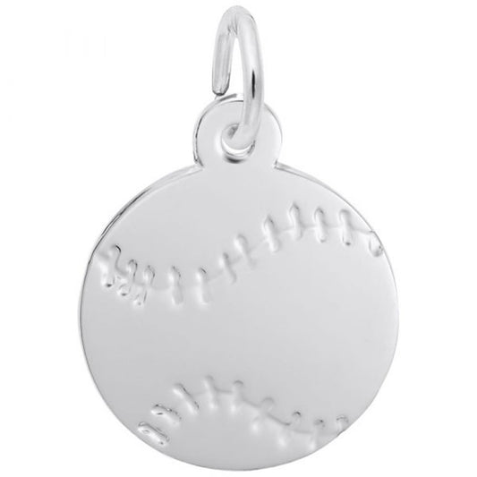 The image shows the Sterling Silver Baseball Flat Disc Charm from Rembrandt Charms. The charm is crafted in sterling silver and features a detailed design of a baseball on a flat disc. It measures 0.56 inches by 0.56 inches (14.25 mm x 14.25 mm) and has the style number 7788. This charm is a perfect keepsake for baseball fans and players.