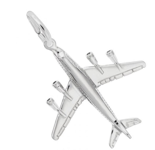 Sterling silver airplane charm by Rembrandt Charms, featuring detailed wings, engines, and tail, attached to a small loop for jewelry.
