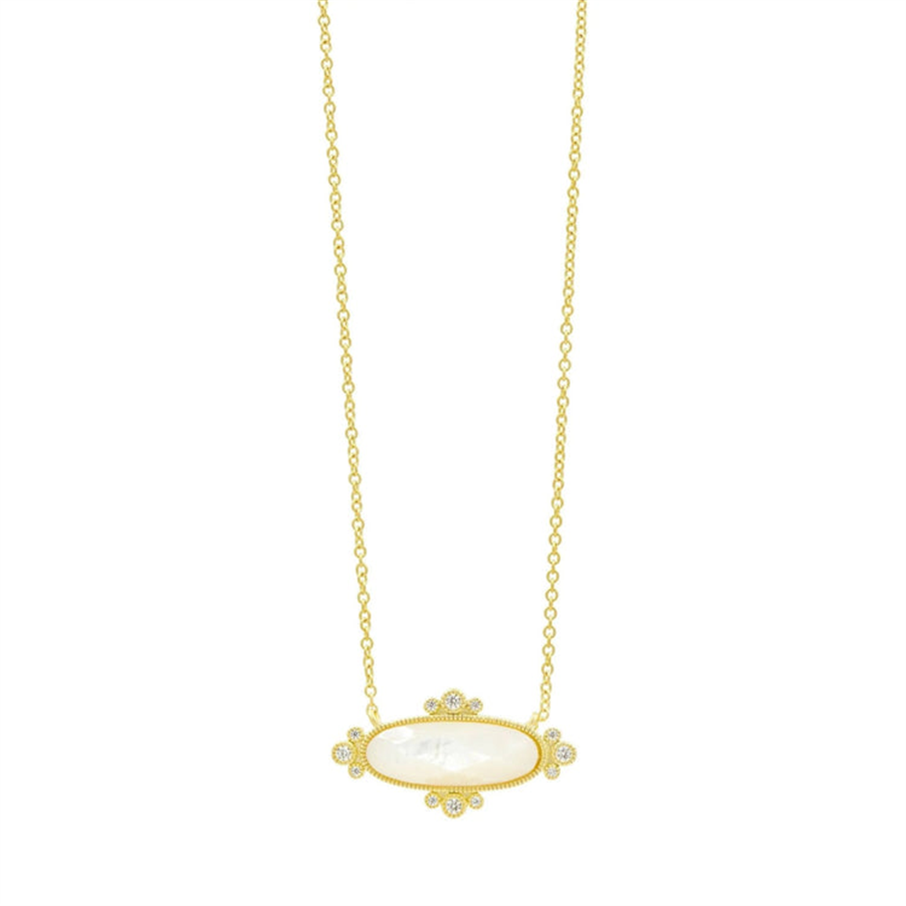 The Freida Rothman Blossoming Brilliance Sideways MOP Necklace (AHPYZMPN23-16E) features a delicate gold design with a horizontal oval white stone at the center, accented by small round stones for an elegant, refined look.