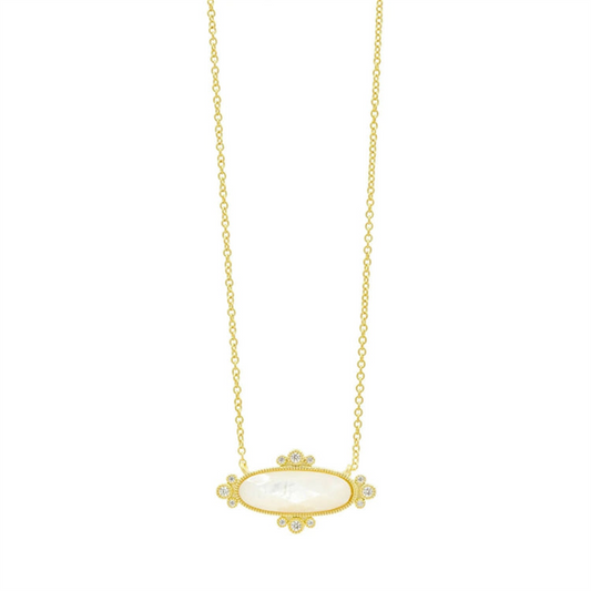 The Freida Rothman Blossoming Brilliance Sideways MOP Necklace (AHPYZMPN23-16E) features a delicate gold design with a horizontal oval white stone at the center, accented by small round stones for an elegant, refined look.