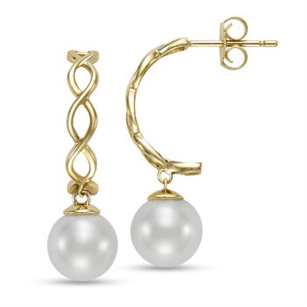 Mastoloni Pearls' 14k yellow gold twisted half hoop earrings each showcase a single round 7-7.5mm freshwater pearl dangle; one earring is viewed from the side, the other from the front.