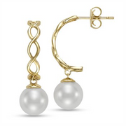 Mastoloni Pearls' 14k yellow gold twisted half hoop earrings each showcase a single round 7-7.5mm freshwater pearl dangle; one earring is viewed from the side, the other from the front.