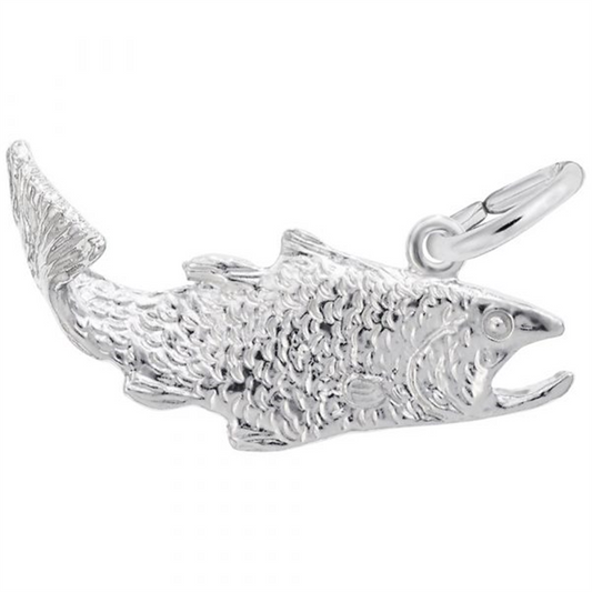 Introducing the Rembrandt Charms Fish Charm, a captivating sterling silver pendant intricately designed with detailed scales and fins. This dynamic swimming fish, showcasing an open mouth and an arched pose, is sure to add charm to any collection. The pendant comes complete with a small loop and an attached clasp for easy hanging.