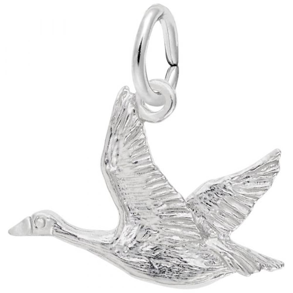 The Rembrandt Charms Canadian Goose Charm is crafted from sterling silver and features detailed feathers and outstretched wings. The charm includes a small circular loop for easy mounting on a necklace or bracelet.