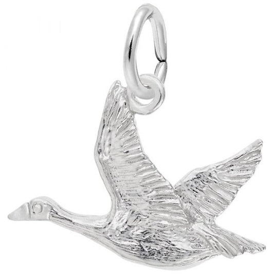 The Rembrandt Charms Canadian Goose Charm is crafted from sterling silver and features detailed feathers and outstretched wings. The charm includes a small circular loop for easy mounting on a necklace or bracelet.