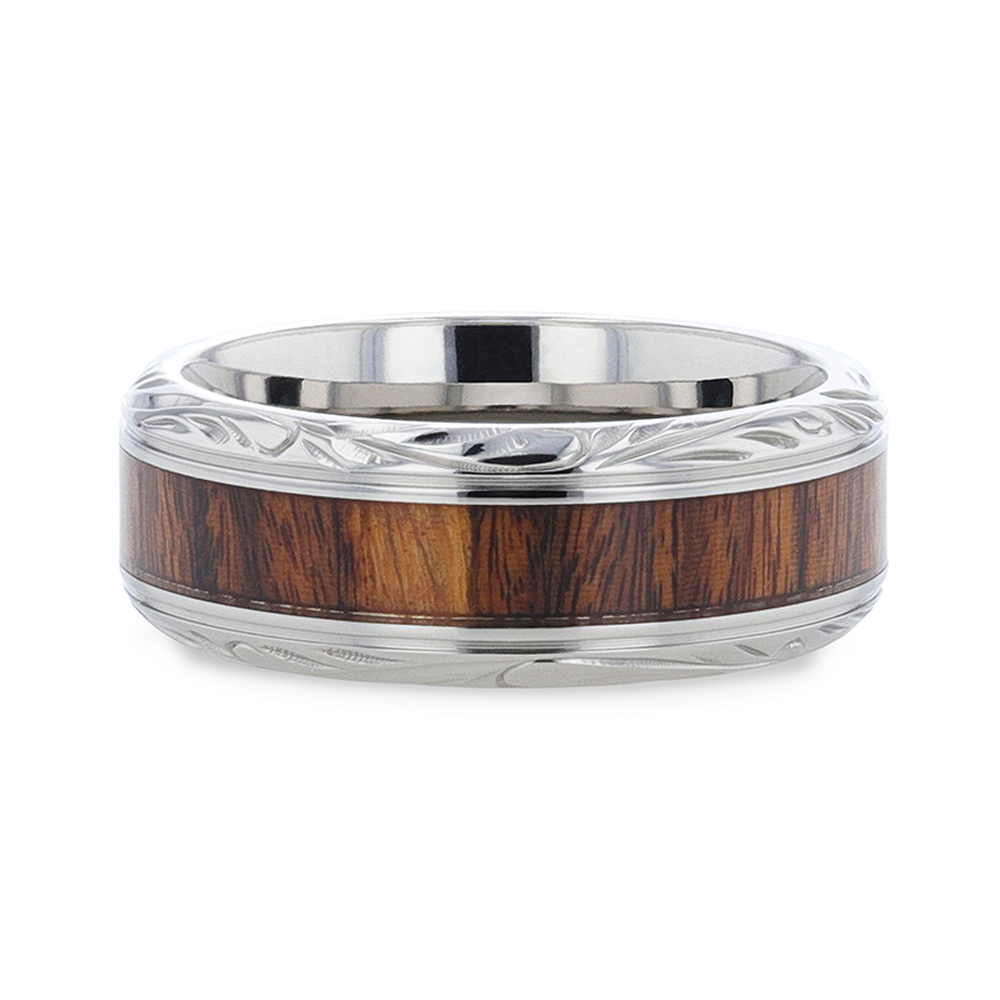 The Thorsten T1275-BWIP KRAFT ring features a black walnut wood inlay and intricate beveled edges, combining polished titanium with detailed craftsmanship.