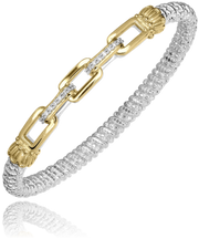 Introducing a stunning bracelet by Alwand Vahan Jewelry: a two-tone piece that seamlessly blends a braided sterling silver band, measuring 4mm, with a central section of intricately designed 14k gold links. Accented by small diamonds totaling 0.11 carats, this bracelet masterfully combines intricate textures and elegant design elements for a luxurious and sophisticated look.