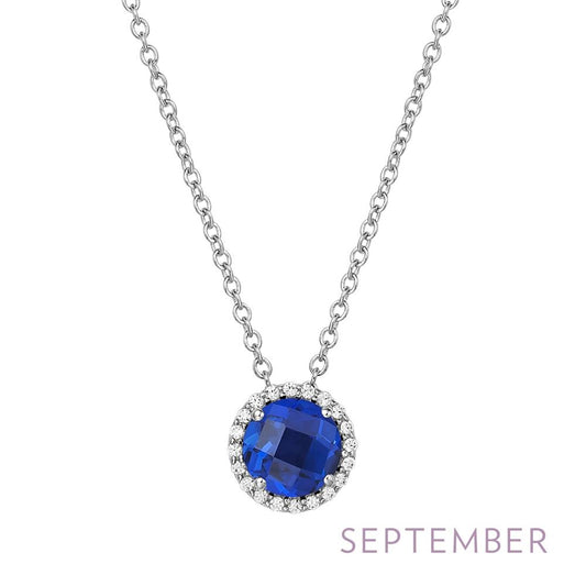 The Lafonn September Birthstone Necklace features a sterling silver chain and a round pendant adorned with a blue gemstone, framed by small clear stones. The word "SEPTEMBER" is elegantly inscribed in purple at the bottom right corner of the pendant.