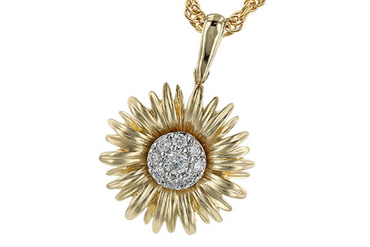 The Allison Kaufman Diamonds 14K Yellow Gold Sunflower Necklace showcases a beautiful gold pendant with a diamond-studded center, gracefully suspended from a twisted 14K yellow gold chain. Its intricately detailed petals give the pendant a realistic floral look, making this piece both exquisite and timeless.