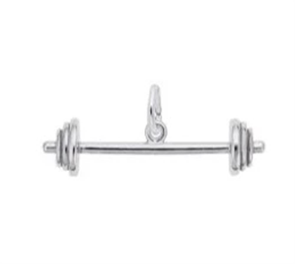 The image shows the Sterling Silver Barbell Charm from Rembrandt Charms. The charm is crafted in sterling silver and features a detailed design of a barbell. It measures 1.21 inches by 0.33 inches (30.77 mm x 8.31 mm) and has the style number 3325. This charm is a perfect keepsake for fitness enthusiasts and athletes.