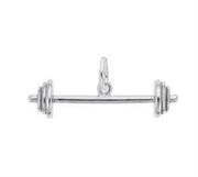 The image shows the Sterling Silver Barbell Charm from Rembrandt Charms. The charm is crafted in sterling silver and features a detailed design of a barbell. It measures 1.21 inches by 0.33 inches (30.77 mm x 8.31 mm) and has the style number 3325. This charm is a perfect keepsake for fitness enthusiasts and athletes.
