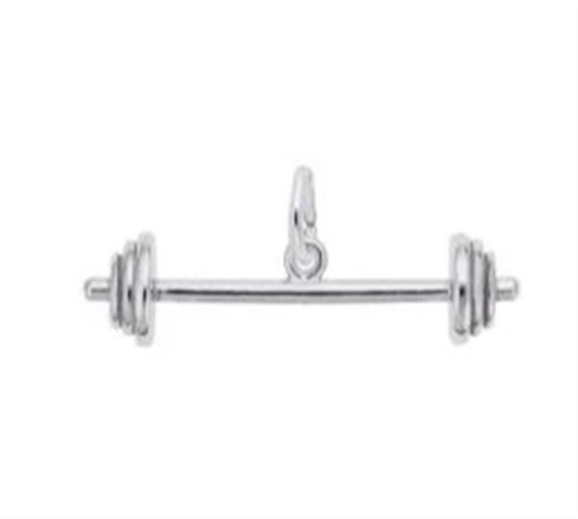 The image shows the Sterling Silver Barbell Charm from Rembrandt Charms. The charm is crafted in sterling silver and features a detailed design of a barbell. It measures 1.21 inches by 0.33 inches (30.77 mm x 8.31 mm) and has the style number 3325. This charm is a perfect keepsake for fitness enthusiasts and athletes.