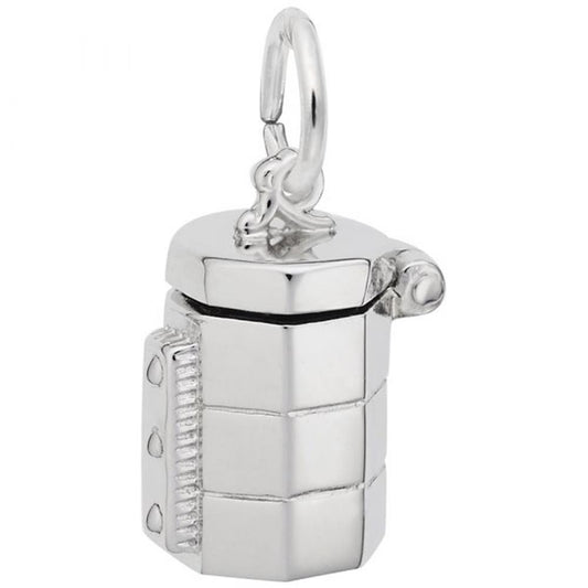 A detailed image of the Sterling Silver Pottery Kiln Charm by Rembrandt Charms. This charm features an intricately detailed pottery kiln, measuring 0.32 inches by 0.58 inches (7.29 mm by 13.71 mm). The charm has a polished sterling silver finish, perfect for adding a touch of artistic craftsmanship to any charm bracelet or necklace. Style number 8103.
