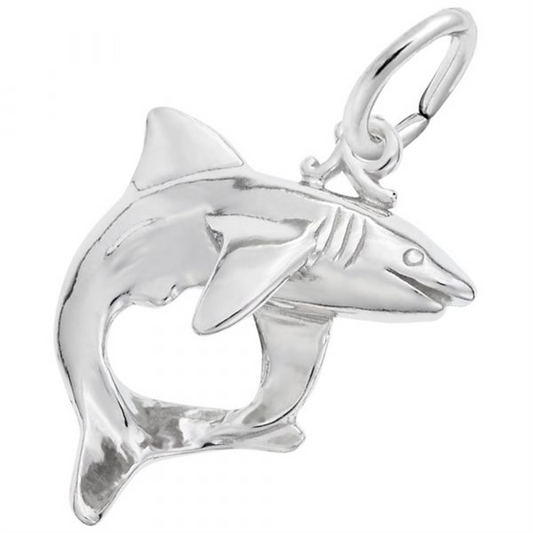 The "shark - ss" by Rembrandt Charms is a sleek, silver shark-shaped charm featuring a loop on top. Perfect as a pendant or keychain accessory, its smooth and polished surface captures oceanic elegance.