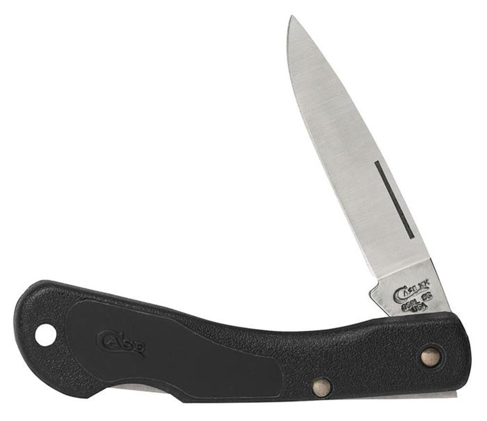 A Black Synthetic Mini Blackhorn Knife from W.R. Case & Sons Cutlery Co., featuring a stainless steel blade and a black synthetic handle adorned with the Case logo. The partially open blade showcases its sharp edge and sleek design, while the handle includes a hole for attaching a lanyard or keychain.