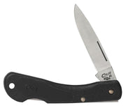 A Black Synthetic Mini Blackhorn Knife from W.R. Case & Sons Cutlery Co., featuring a stainless steel blade and a black synthetic handle adorned with the Case logo. The partially open blade showcases its sharp edge and sleek design, while the handle includes a hole for attaching a lanyard or keychain.