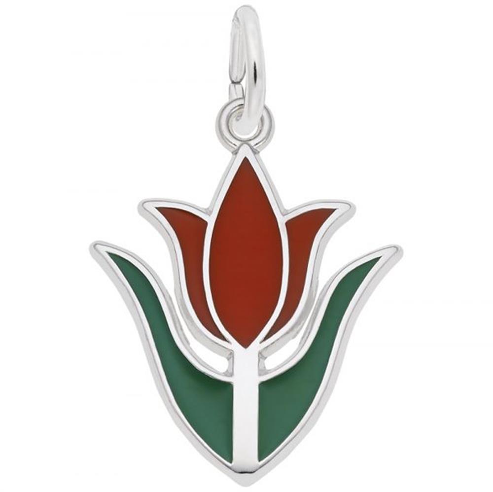 The Rembrandt Charms Tulip with Paint Charm, crafted from sterling silver, showcases a stylized tulip design with red petals, green leaves, and elegant silver outlining. It features a convenient loop at the top for easy attachment to a necklace or keychain.