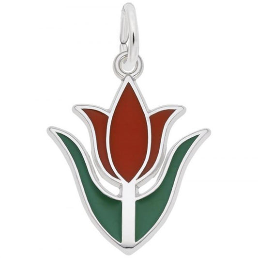 The Rembrandt Charms Tulip with Paint Charm, crafted from sterling silver, showcases a stylized tulip design with red petals, green leaves, and elegant silver outlining. It features a convenient loop at the top for easy attachment to a necklace or keychain.