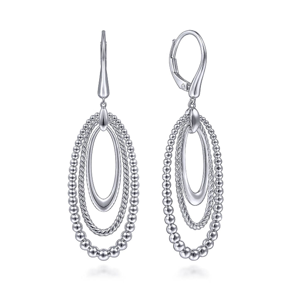Introducing the sophisticated 925 Sterling Silver Bujukan and Rope Drop Earrings from Gabriel & Co's Bujukan Collection. These elegant earrings feature a seamless blend of smooth and beaded design elements, with each earring showcasing an oval hoop adorned with layered, beaded loops. Crafted in sterling silver, they offer a refined and intricate appearance.