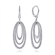 Introducing the sophisticated 925 Sterling Silver Bujukan and Rope Drop Earrings from Gabriel & Co's Bujukan Collection. These elegant earrings feature a seamless blend of smooth and beaded design elements, with each earring showcasing an oval hoop adorned with layered, beaded loops. Crafted in sterling silver, they offer a refined and intricate appearance.