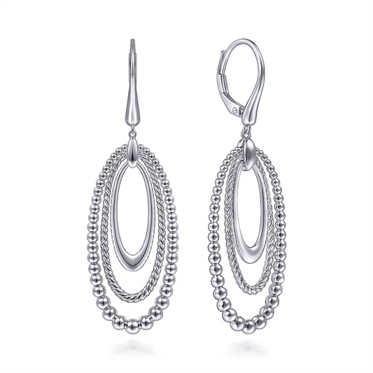 Introducing the sophisticated 925 Sterling Silver Bujukan and Rope Drop Earrings from Gabriel & Co's Bujukan Collection. These elegant earrings feature a seamless blend of smooth and beaded design elements, with each earring showcasing an oval hoop adorned with layered, beaded loops. Crafted in sterling silver, they offer a refined and intricate appearance.