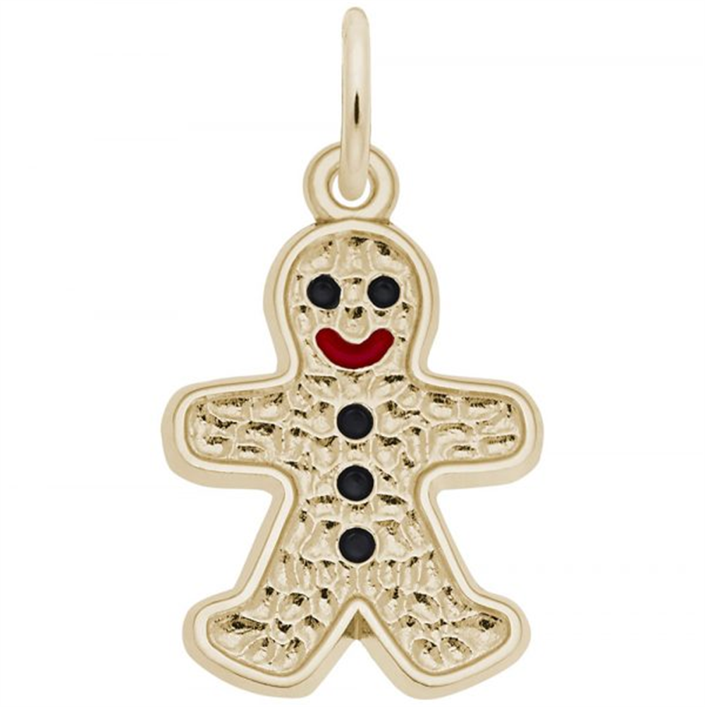 The Ginger Bread Man Charm by Rembrandt Charms is a gold-plated sterling silver piece in the shape of a gingerbread man, featuring a textured surface with three black buttons, a black mouth, and a red smile, hanging from a small loop at the top.