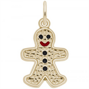The Ginger Bread Man Charm by Rembrandt Charms is a gold-plated sterling silver piece in the shape of a gingerbread man, featuring a textured surface with three black buttons, a black mouth, and a red smile, hanging from a small loop at the top.