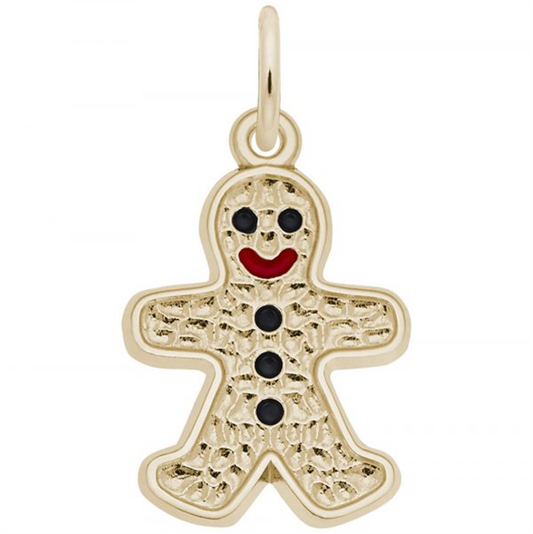 The Ginger Bread Man Charm by Rembrandt Charms is a gold-plated sterling silver piece in the shape of a gingerbread man, featuring a textured surface with three black buttons, a black mouth, and a red smile, hanging from a small loop at the top.