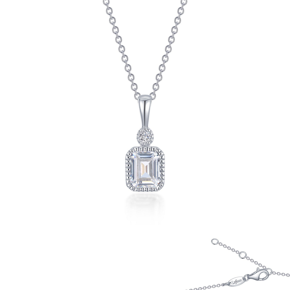 The Lafonn APRIL sim diamond necklace features a rectangular emerald-cut pendant framed by small stones, topped with a round stone, and is shown on a white background. The chain with clasp appears in the lower right corner.