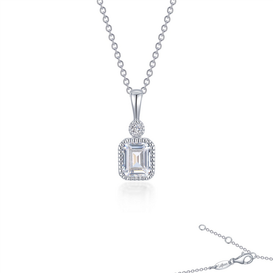 The Lafonn APRIL sim diamond necklace features a rectangular emerald-cut pendant framed by small stones, topped with a round stone, and is shown on a white background. The chain with clasp appears in the lower right corner.
