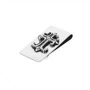 The King Baby Money Clip with Cross is a silver accessory featuring an embossed decorative cross design, shown on a plain white background.