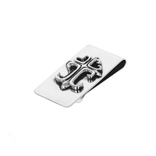 The King Baby Money Clip with Cross is a silver accessory featuring an embossed decorative cross design, shown on a plain white background.