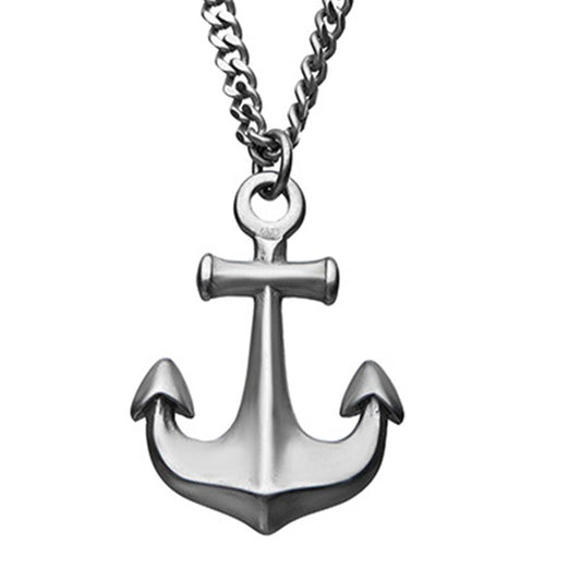 An elegant INOX Men's Stainless Steel Antiqued Finish Vintage Anchor Pendant necklace. With its sleek and polished anchor boasting a modern design, this pendant hangs from a sturdy, 24-inch interconnected men's stainless steel chain. The intricate details of the necklace are beautifully highlighted against a plain white background.
