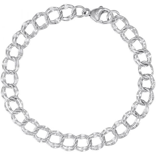 Here is a close-up image of the Charm Bracelet - 8 inch by Rembrandt Charms, showcasing its fashion-forward design. This gold-plated sterling silver bracelet features interlocking round links and a lobster claw clasp for secure fastening. Its simple yet elegant design highlights the shiny and smooth metallic texture of the links, exuding luxurious beauty.