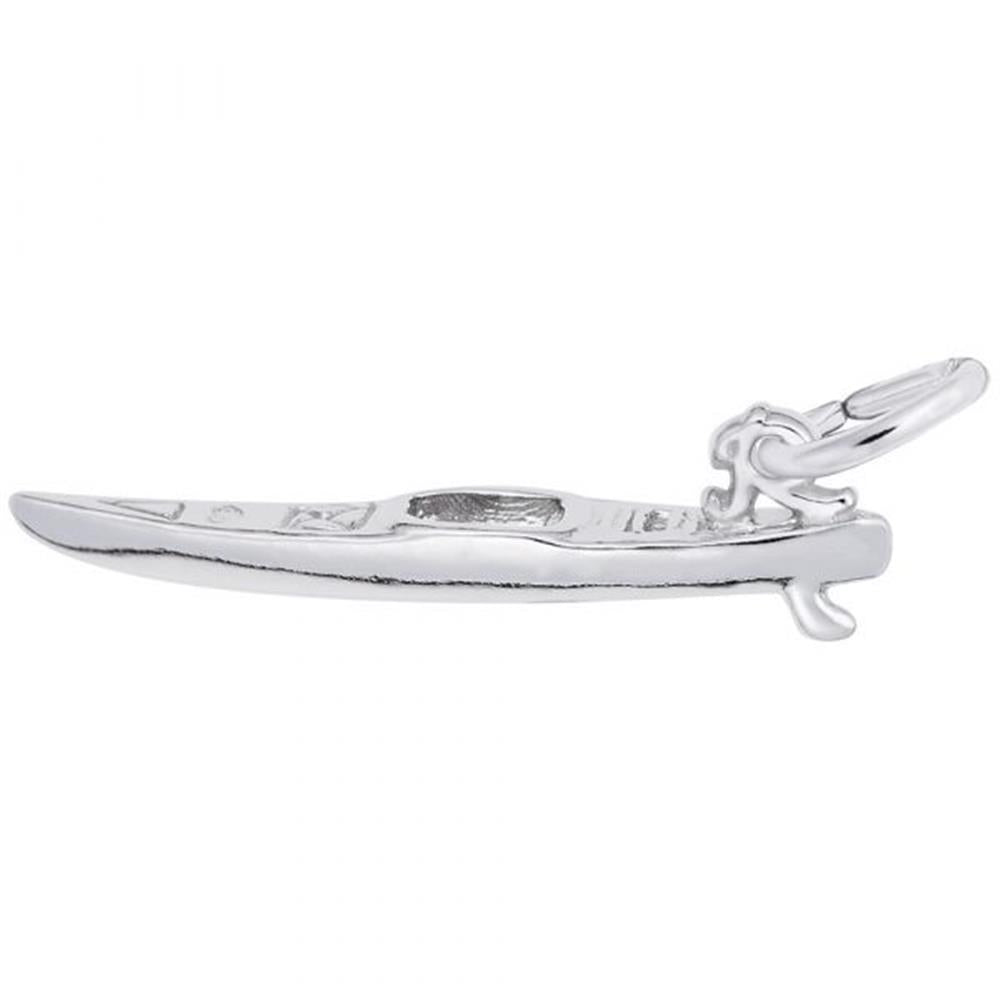 A Rembrandt Charms Kayak Charm / Sterling Silver shaped like a slender canoe with a loop and small clasp attached at one end. The kayak charm features a smooth surface and slight engravings resembling the seating area of a canoe, perfect for any kayak jewelry collection.