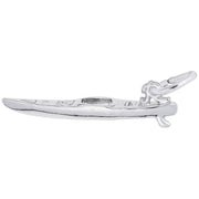 A Rembrandt Charms Kayak Charm / Sterling Silver shaped like a slender canoe with a loop and small clasp attached at one end. The kayak charm features a smooth surface and slight engravings resembling the seating area of a canoe, perfect for any kayak jewelry collection.