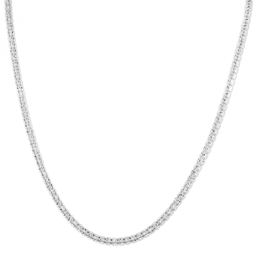 A close-up of the 14K White Gold 3.14mm Fancy Ice Chain by Royal Chain Group-Royal Chain, showcasing its elegant and simple design. Crafted in 14K white gold, this necklace features a thin, intricately detailed chain with a smooth, polished finish, draped in a U-shape against a white background. The 20-inch Fancy Ice Chain is secured with a reliable lobster clasp.