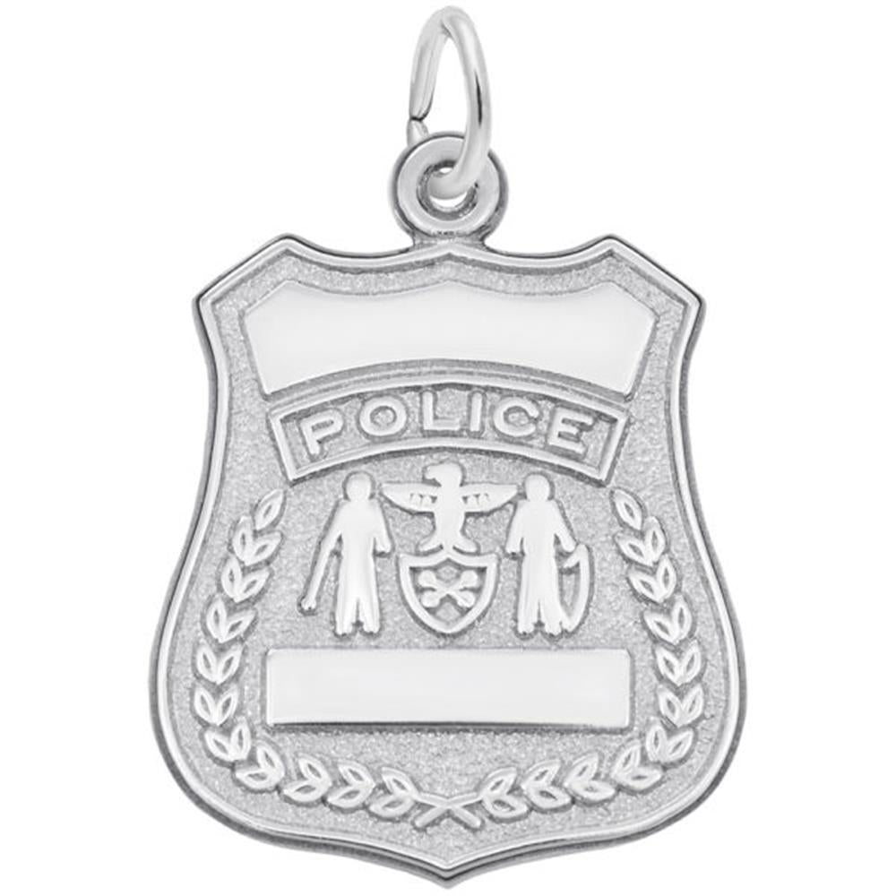 The Rembrandt Charms Police Badge Charm in sterling silver features intricate designs. The top displays the word "POLICE" with a blank space below, accompanied by two figures flanking a central shield. Another blank space is located at the bottom.