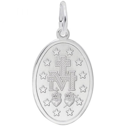 The Miraculous Medal Charm in sterling silver by Rembrandt Charms features an oval shape with intricate engravings, including a cross and the letter "M" surrounded by twelve stars. Beneath the letter "M," two hearts are depicted—one encircled with thorns and the other pierced by a sword. A loop at the top allows it to be worn as a pendant.