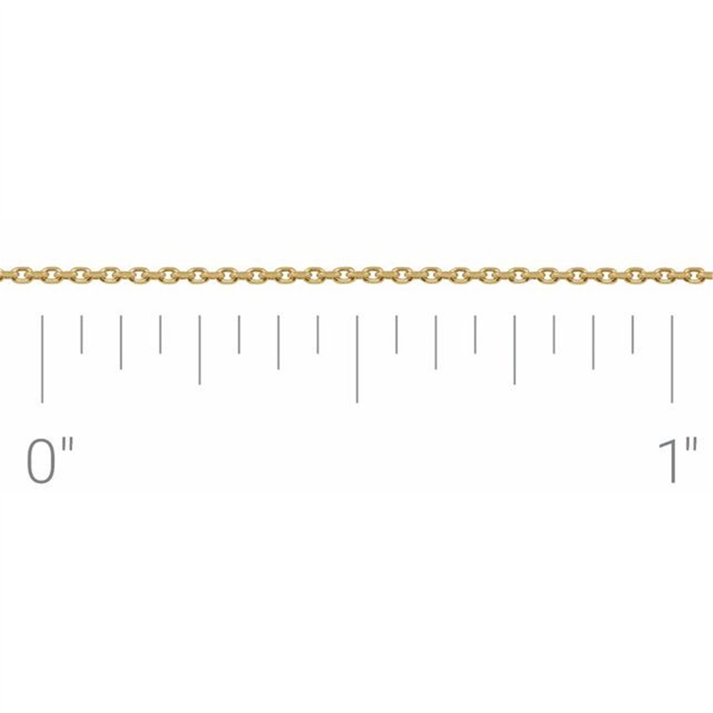 The 14K Yellow .65 mm Diamond-Cut Cable Chain by the Inch from Stuller-Stuller is laid horizontally against a white background, with a measuring ruler beneath it for scale. The ruler marks indicate that the chain links have a diameter of roughly 0.65 millimeters.