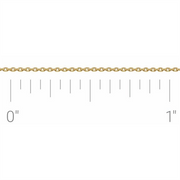 The 14K Yellow .65 mm Diamond-Cut Cable Chain by the Inch from Stuller-Stuller is laid horizontally against a white background, with a measuring ruler beneath it for scale. The ruler marks indicate that the chain links have a diameter of roughly 0.65 millimeters.