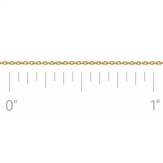 The 14K Yellow .65 mm Diamond-Cut Cable Chain by the Inch from Stuller-Stuller is laid horizontally against a white background, with a measuring ruler beneath it for scale. The ruler marks indicate that the chain links have a diameter of roughly 0.65 millimeters.
