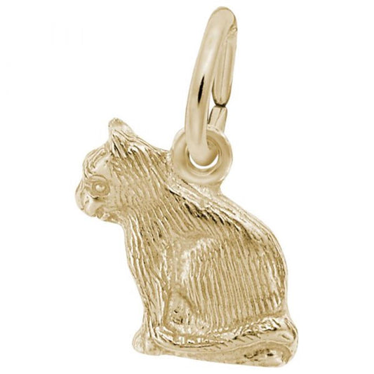 Rembrandt Charms offers a Sitting Cat Charm, crafted from gold-plated sterling silver. This small charm showcases a cat in a sitting position with detailed fur texture and intricate facial features. It includes a loop at the top for easy attachment to a necklace or bracelet.