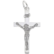 The Crucifix Charm in Sterling Silver by Rembrandt Charms showcases an intricate design of Jesus on the cross, featuring a small loop at the top for hassle-free attachment. This piece is elegantly inscribed with "INRI," adding an authentic, classic touch.