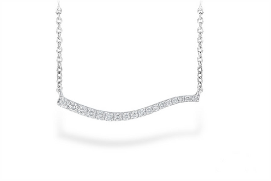The Allison Kaufman diamond and 14k white gold curved bar necklace features a delicate chain and a curved bar pendant adorned with sparkling diamonds, displayed against a plain white background.