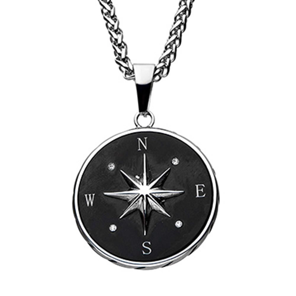 Men's Stainless Steel and Black Compass Pendant Necklace | INOX
