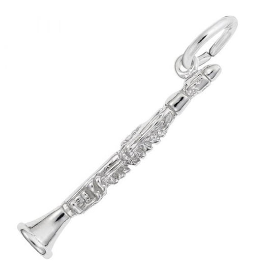 The Rembrandt Charms Clarinet Charm is a petite masterpiece made of sterling silver, featuring intricate details such as the keys and bell. It includes a loop at the top for easy attachment to a bracelet or necklace.