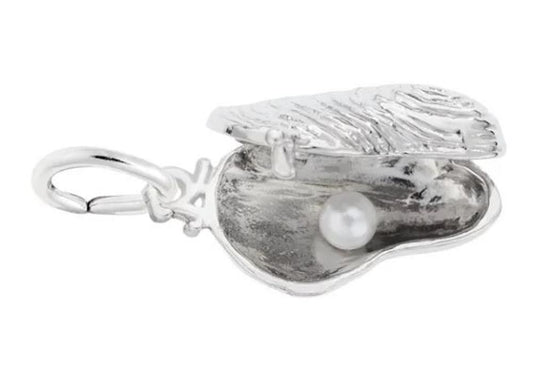 The Oyster with Pearl Charm by Rembrandt Charms features a sterling silver design in the shape of an oyster, partially open to showcase a delicate small white pearl within. The charm boasts a textured surface and includes a small loop on the shell for easy attachment, offering an elegant and refined aesthetic.