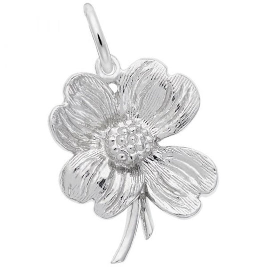A close-up image of the Rembrandt Charms Dogwood Flower Charm in sterling silver, showcasing its intricate petals and textured center. The charm is designed to resemble a blooming dogwood flower and features a small loop at the top for easy attachment to a chain or necklace.