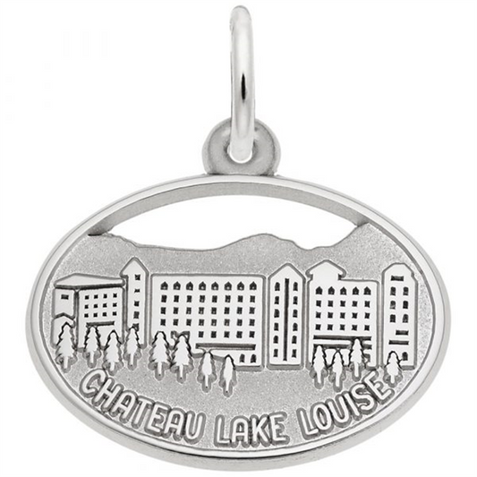 The Rembrandt Charms "Chateau Lake Louise" sterling silver charm features an engraved hotel building with mountains and trees, with "CHATEAU LAKE LOUISE" elegantly inscribed at the bottom, capturing its scenic essence.